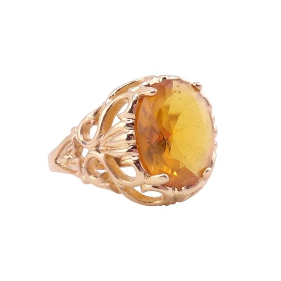 Faceted Oval Topaz 4 Prong Filigree Gold Plated Ring - Size 8 Pre-Owned - Picture 2 of 5